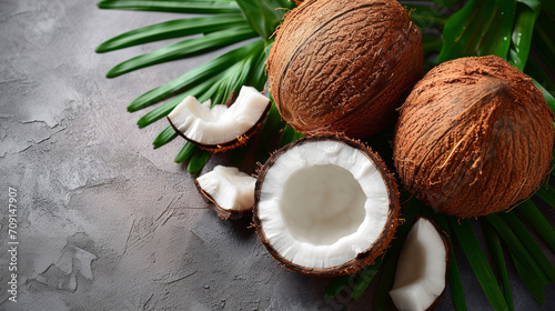 Fresh coconuts on a Studio background, creative flat lay healthy food concept, Free Copy Space