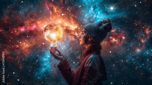 A Woman Holds a Universe within a Light Bulb against a Cosmic Backdrop