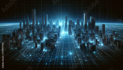 A digital illustration of a futuristic cityscape with glowing structures, representing advanced urban development
