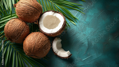 Fresh coconuts on a Studio background, creative flat lay healthy food concept, Free Copy Space