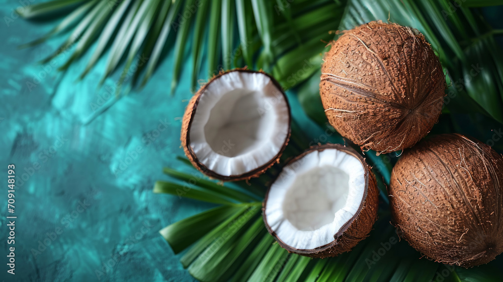 Fresh coconuts on a Studio background, creative flat lay healthy food concept, Free Copy Space Fresh coconuts on a Studio background, creative flat lay healthy food concept, Free Copy Space