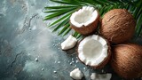 Fresh coconuts on a Studio background, creative flat lay healthy food concept, Free Copy Space