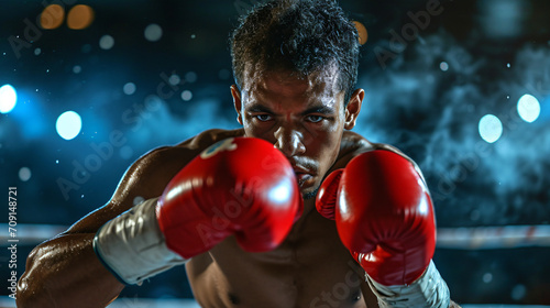 Isolated boxer with gloves boxing fighting in the corner - cinematic epic bokeh  © BeautyStock