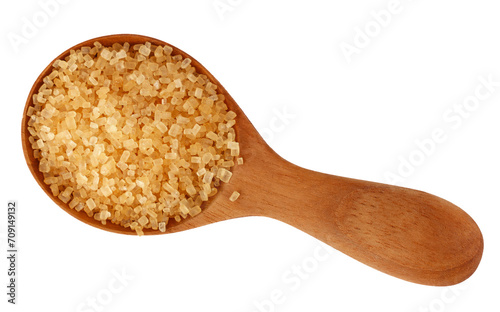 Foto Close up scoop of brown cane sugar on white