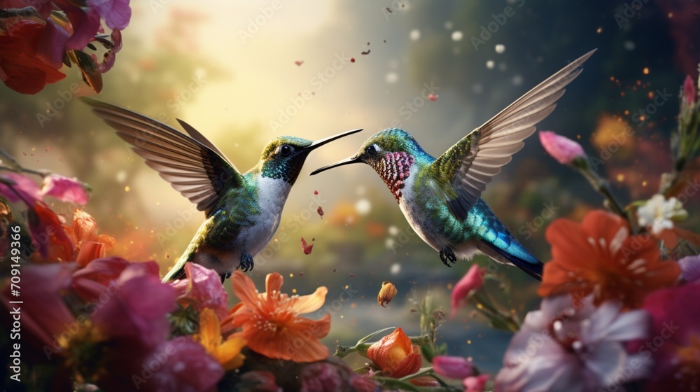 A detailed rendering showcases a pair of hummingbirds sipping nectar from a cluster of colorful flowers