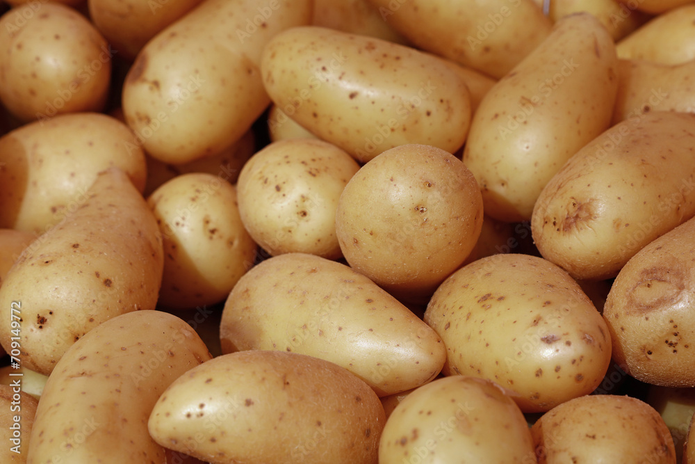 Close up heap of new potato at retail display Close up heap of new potato at retail display