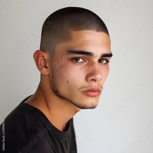 a male model with Butch cut, side view isolated on white background