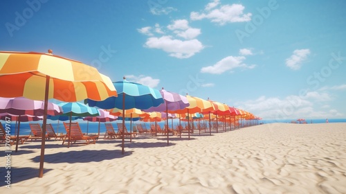 A detailed rendering showcases a row of colorful beach umbrellas along the shoreline, providing shade for sunbathers