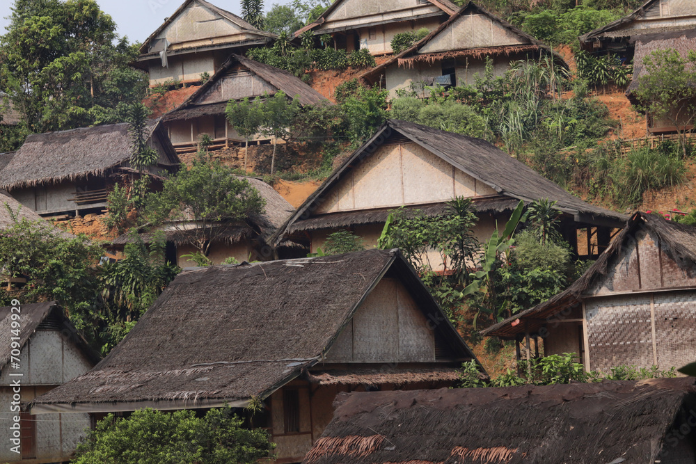 environmentally friendly Baduy house construction with bamboo walls and roofs with sago leaves and palm fiber environmentally friendly Baduy house construction with bamboo walls and roofs with sago leaves and palm fiber
