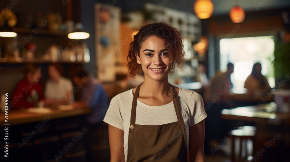 Beautiful young waitress smiling and looking at the camera