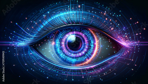 Another depiction of a digital eye, similar to the previous, with a focus on futuristic cybernetic visuals