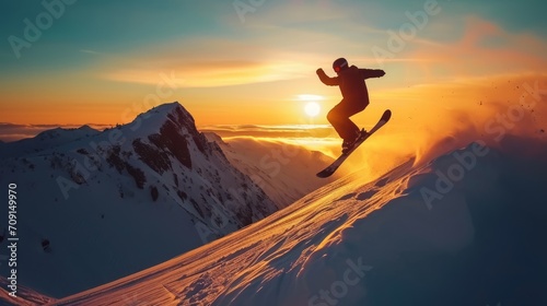 Snowboarder Soaring Above Clouds at Sunset © esp2k