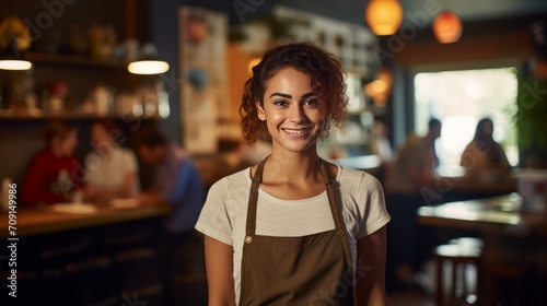 Beautiful young waitress smiling and looking at the camera