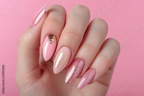 Woman hands with perfect manicure  festive nails  pastel pink and gold  shiny  nail salon ad.