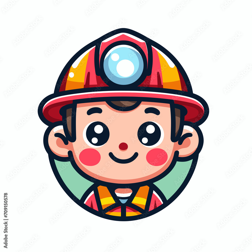 Cartoon character fireman, icon portrait, flat colors
