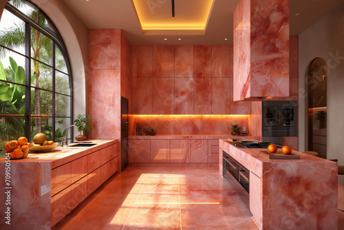 Stylish modern kitchen in peach fuzz shades of colors in frontal perspective