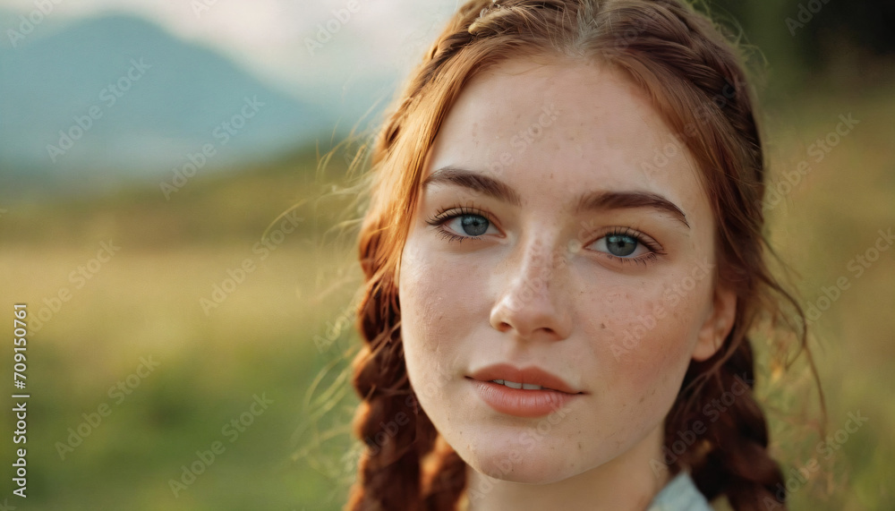 Young Charming Woman with Freckles, Multi-colored Eyes, and Braided Hair - Playful Headshot with Soft Light Young Charming Woman with Freckles, Multi-colored Eyes, and Braided Hair - Playful Headshot with Soft Light