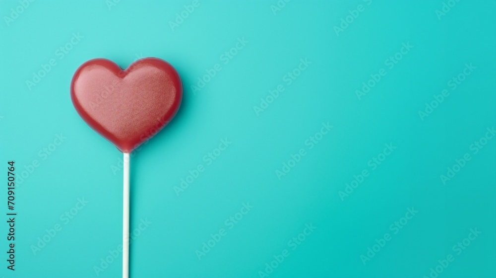 Romantic Red Heart Lollipop on Turquoise Background, Perfect Sweet Gift for Valentine's Day Celebration