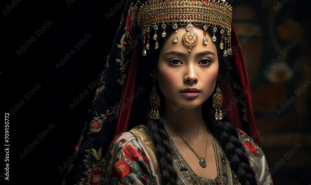 Traditional Asian Bride in Ornate Headpiece and Embroidered Silk Gown Against a Dark Backdrop