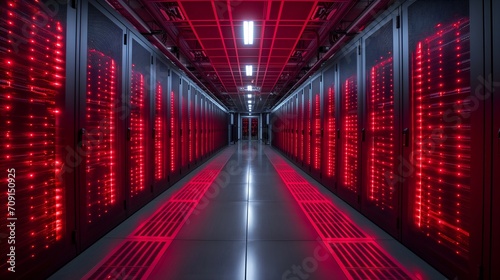 Shot of Data Center With Multiple Rows of Fully Operational Server Racks. Modern Telecommunications  Cloud Computing  Artificial Intelligence  Database  Super Computer Technology Concept.