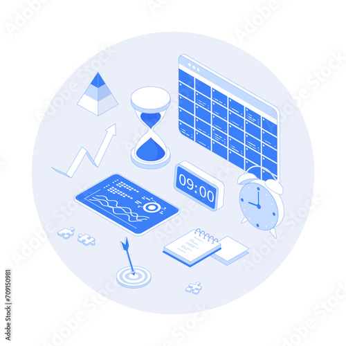 Time management, organizing, planning schedule in application. Personal calendar, list of tasks, hourglass, alarm clock. Vector outline illustration with isometry scene for web graphic