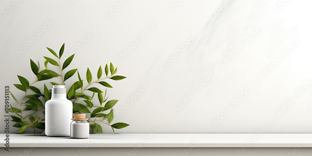 Product display on a white wall background with tree leaves