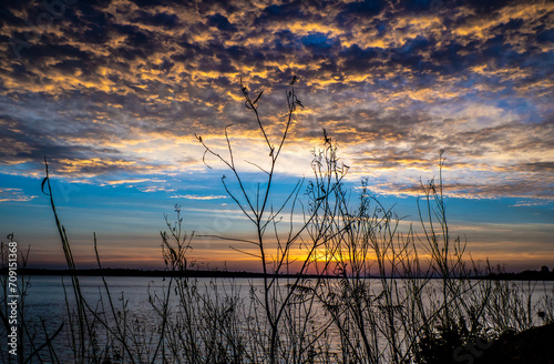 Beautiful scenic view of a vibrant sunrise over the ottawa river with the silhouette of trees on a cold morning in october.