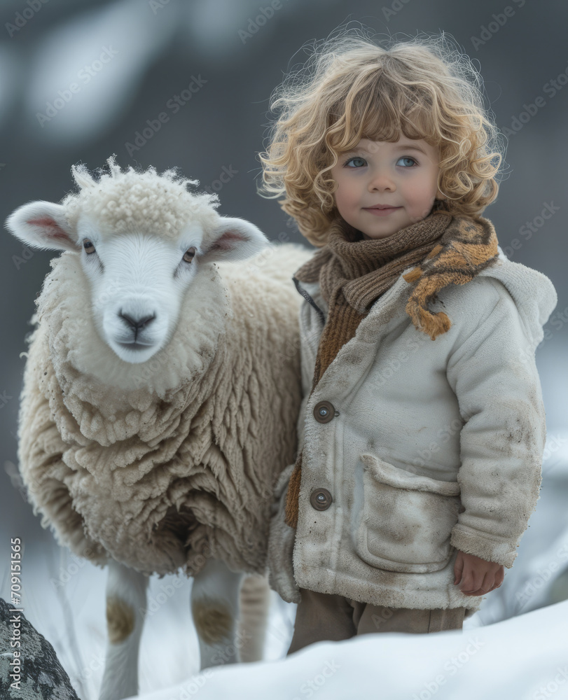 Little Boy Standing Next to Snowy Sheep. A boy stands in the snow beside a fluffy white sheep. Little Boy Standing Next to Snowy Sheep. A boy stands in the snow beside a fluffy white sheep.