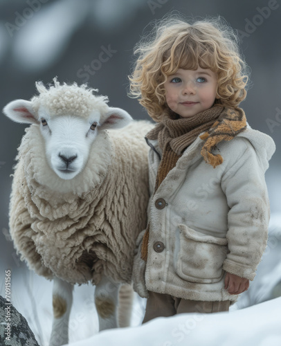 Little Boy Standing Next to Snowy Sheep. A boy stands in the snow beside a fluffy white sheep.