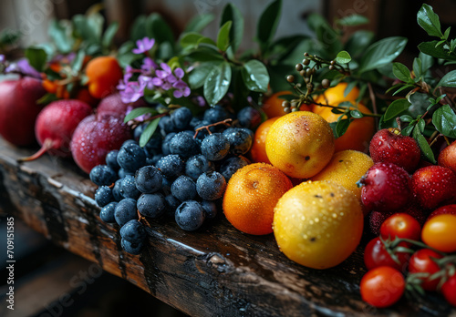 Assorted Fresh Fruits Arranged on a Wooden Table. A display of various fresh fruits neatly organized on a rustic wooden table. © Анна Терелюк
