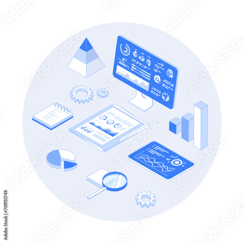 Business Analytics, Data Analysis, Finance Report. Documents, monitor, tablet with graphs and charts. Vector outline illustration with isometry scene for web graphic