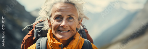 Close-up of a mid aged woman hiking in the mountains during summer. Landscape hiking shot. Hiking advertisement and hiking vacation tourism concept © Alicia