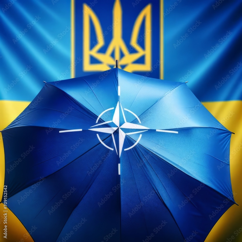 Blue umbrella with the NATO emblem against the backdrop of the Ukrainian flag.