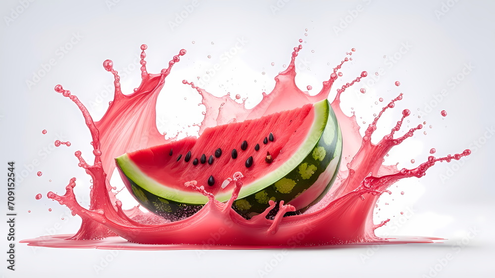 Watermelon with splashes of juice close-up, isolated on a white background