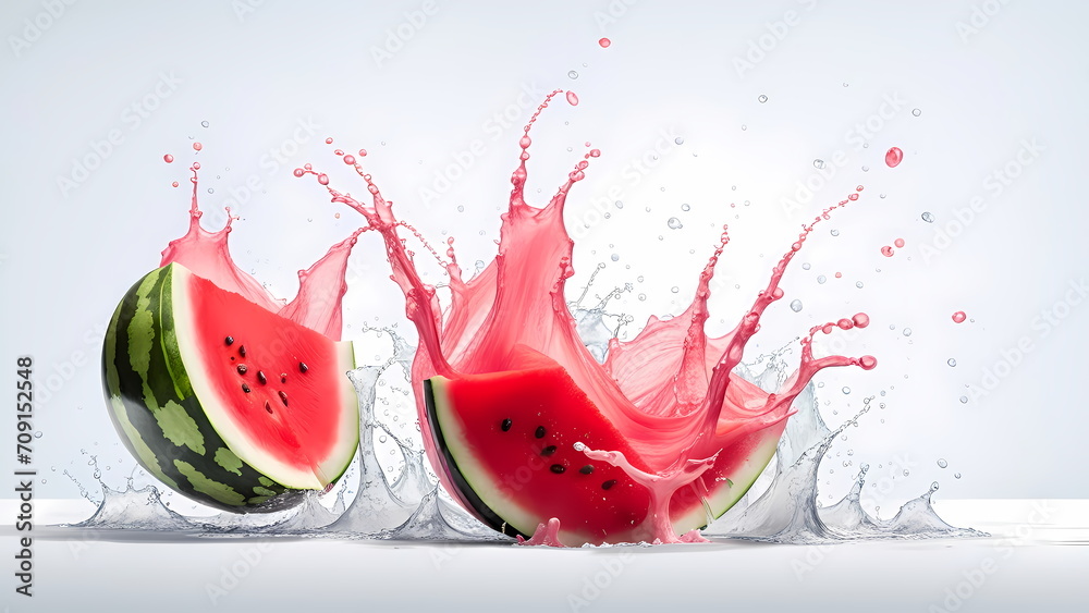 Watermelon with splashes of juice close-up, isolated on a white background