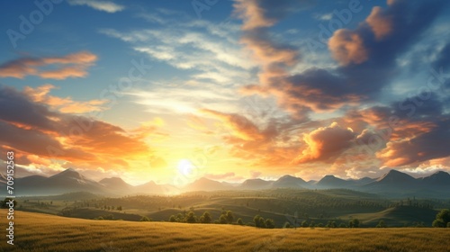 A 3D-rendered image captures a radiant sunrise over a serene countryside, painting the world in warm hues