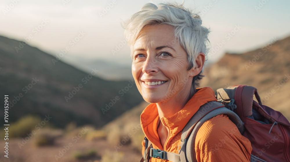 Close-up of a mid aged woman hiking in the mountains during summer. Landscape hiking shot. Hiking advertisement and hiking vacation tourism concept