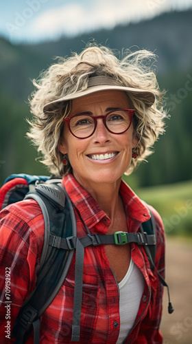 Close-up of a mid aged woman hiking in the mountains during summer. Landscape hiking shot. Hiking advertisement and hiking vacation tourism concept photo