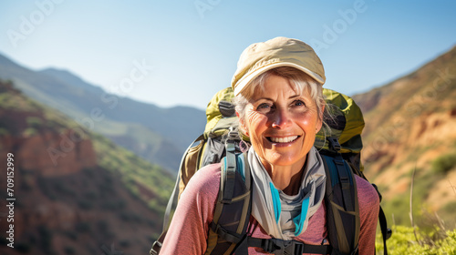 Close-up of a mid aged woman hiking in the mountains during summer. Landscape hiking shot. Hiking advertisement and hiking vacation tourism concept