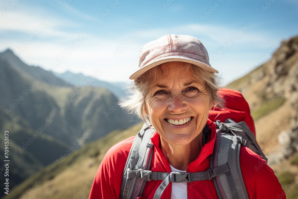 Close-up of a mid aged woman hiking in the mountains during summer. Landscape hiking shot. Hiking advertisement and hiking vacation tourism concept