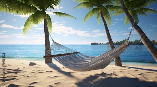 In this realistic 3D render, a hammock swings gently between two palm trees on a tropical beach