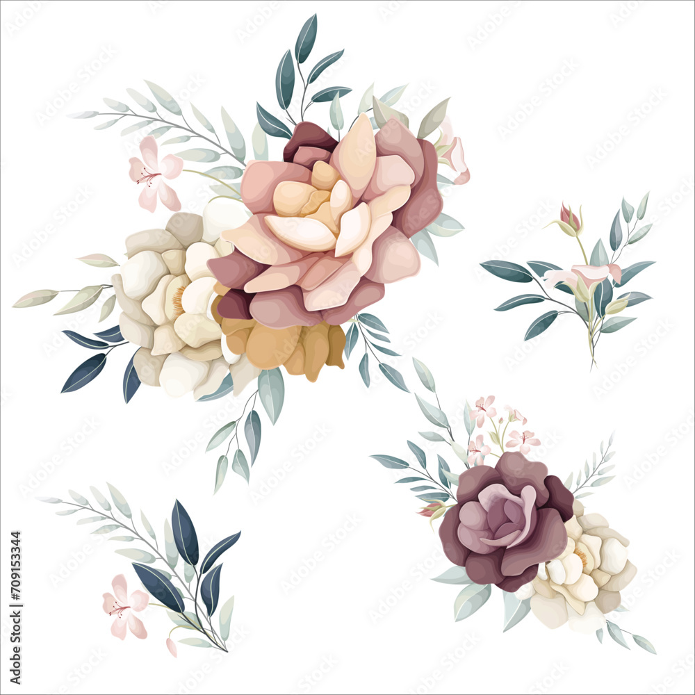 set of flower arrangements flower and leaves floral illustration for wedding card - obrazy, fototapety, plakaty 