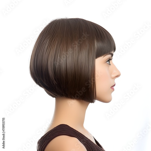 a famale model with Bob cut, side view isolated on white background