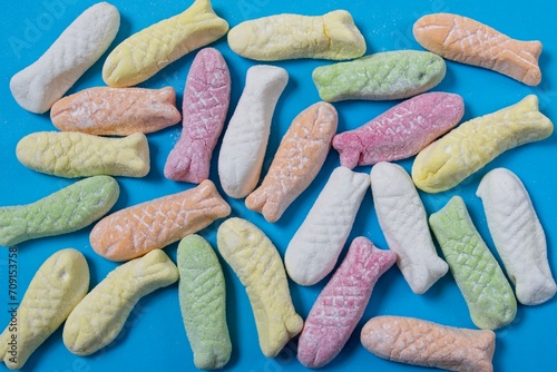 Top view of marshmallow fish candy on blue background