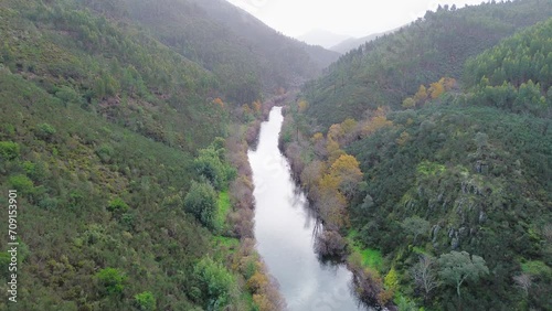 Drone footage of Paiva Walksway in Arouca municipality, Aveiro, Portugal. Drone flying over scenic Paiva river photo