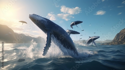 In this realistic 3D render, a pod of whales breaches the surface of the ocean, creating a spectacular display of nature's grandeur © Hameed