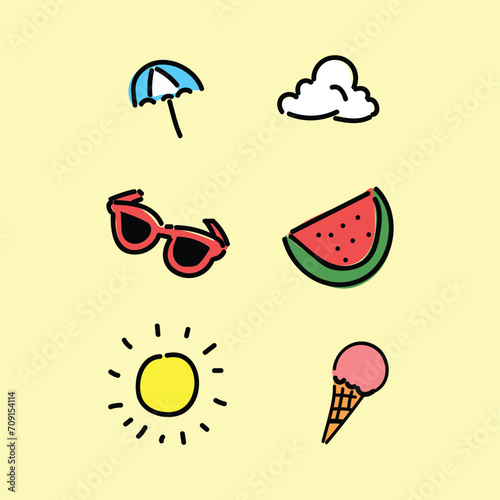Summer Set Illustration Vector Design Icon clipart in a yellow background