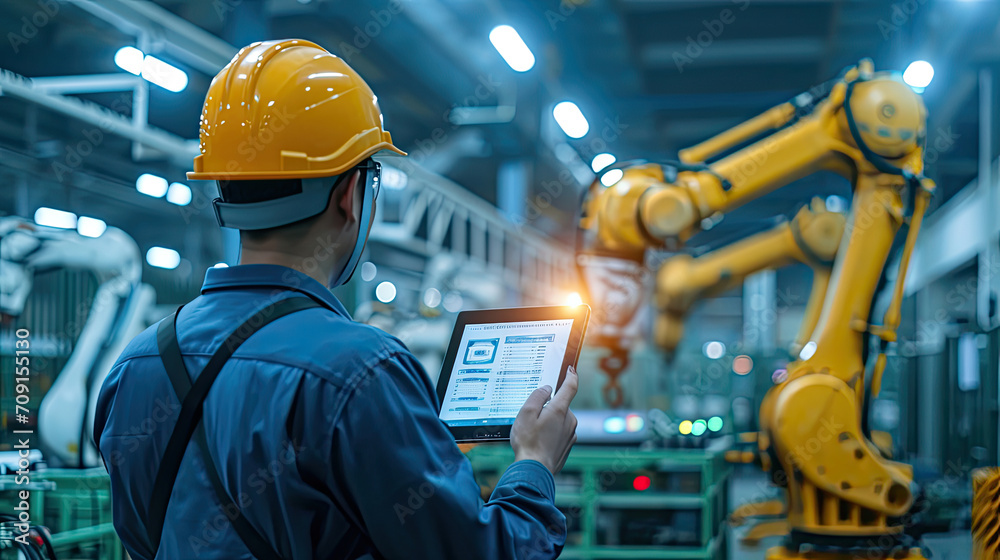 Engineer check and control automation robot arms machine in intelligent factory industrial. Engineer check and control automation robot arms machine in intelligent factory industrial.