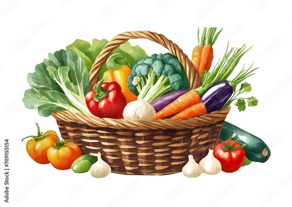basket with vegetables on white background, art design basket with vegetables on white background, art design