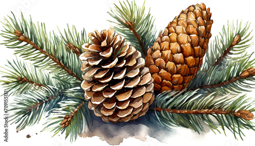 pine cones on a branch white background, art design